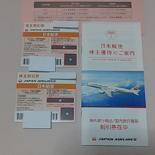 日本航空　JAL　株主優待　株主割引券　2枚　海外/国内旅行商品割引券　4枚