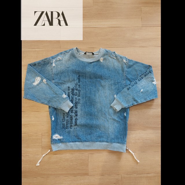 ZARA デニムスウェット ダメージ クラッシュ加工 トレーナー