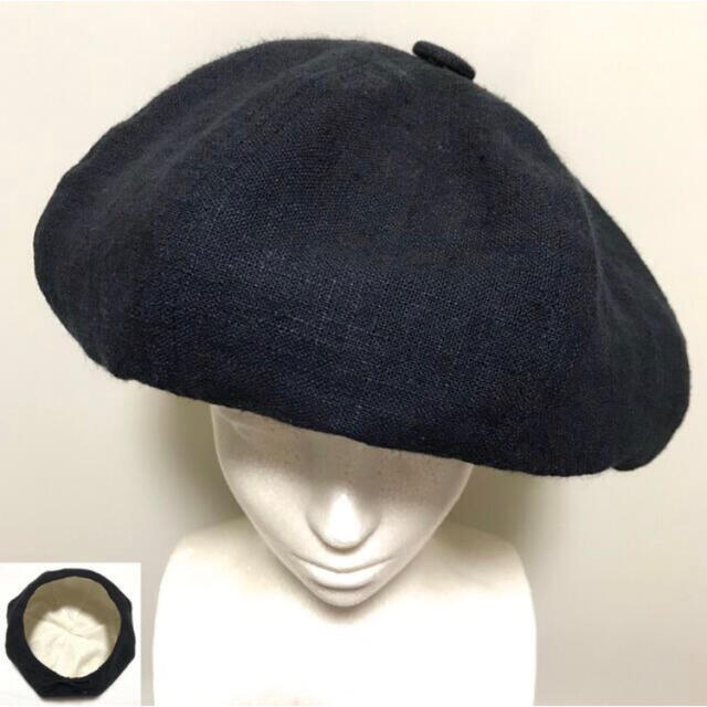 黒 リネン 麻 ベレー帽 ハンドメイド サイズ調節 /ブラック キャスケット