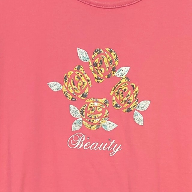 Beauty UネックTシャツ LL レッドピンク 薔薇 バラ レディースのトップス(Tシャツ(半袖/袖なし))の商品写真