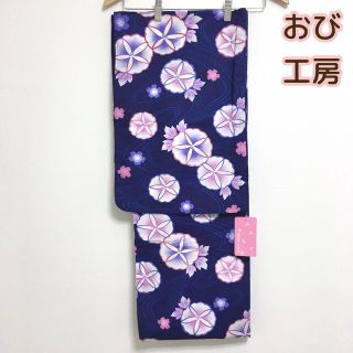 ◆7.訳あり新品 浴衣単品 優しい紺藍色 朝顔 桜 流水柄(浴衣)