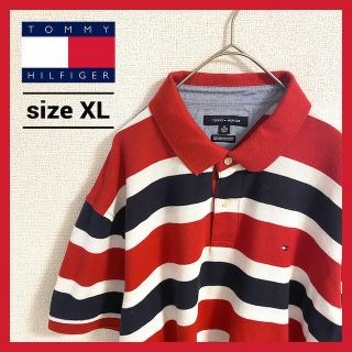 トミーヒルフィガー(TOMMY HILFIGER)の90s 古着 トミーヒルフィガー ポロシャツ 刺繍ロゴ ゆるダボ ボーダー XL(ポロシャツ)