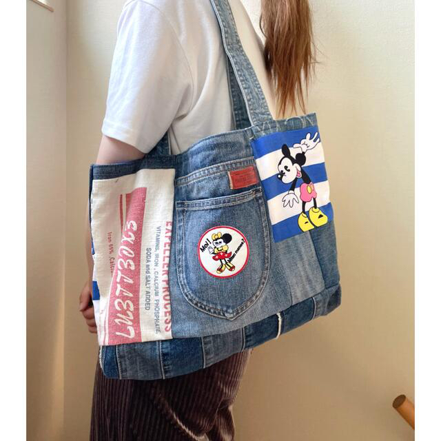 ハンドメイド⭐︎デニムリメイク大きめトートバッグミッキーミニーの