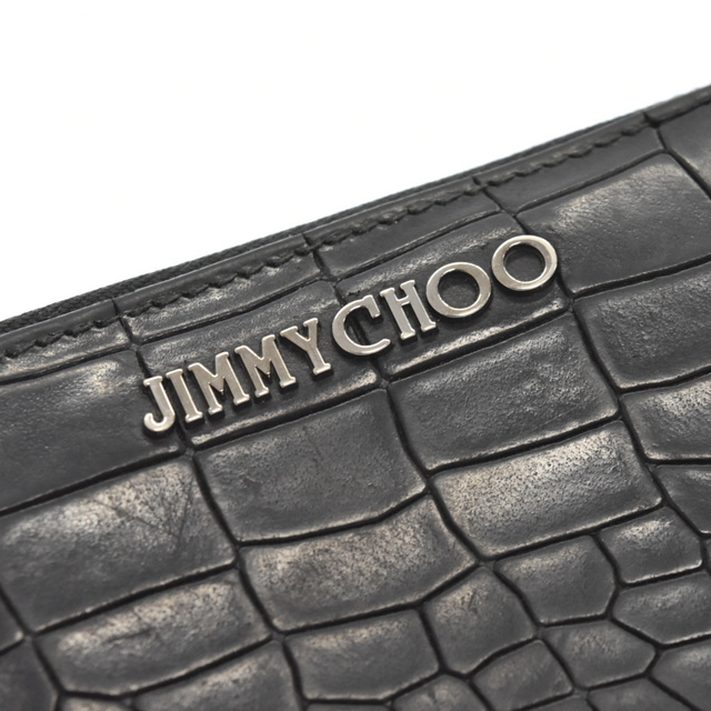 JIMMY CHOO(ジミーチュウ)のJIMMY CHOO ジミーチュウ クロコデザイン ラウンドジップ レザー ウォレット ブラック メンズのファッション小物(長財布)の商品写真