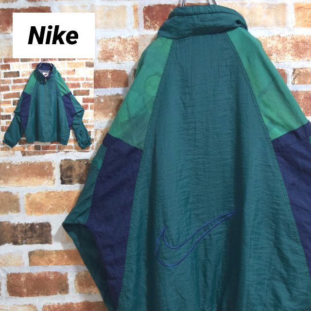 円高還元 NIKE 【ナイキ】90s　USA製　グリーン系　刺繡ビッグスウッシュ　ナイロンジャケット - ナイロンジャケット