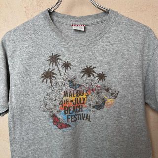 半袖Ｔシャツ ヤシの木　蝶　マリブ　花　ビーチ　フェスティバル　ラメ(Tシャツ/カットソー(半袖/袖なし))