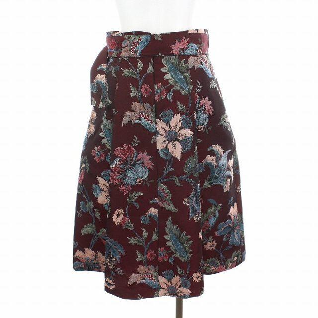 ANAYI(アナイ)のアナイ ジャガード スカート フレア ひざ丈 花柄 ベルト付き 36 ボルドー レディースのスカート(ひざ丈スカート)の商品写真