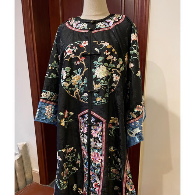 花月夜 刺繍清漢女褂 黒アウター 骨董品 中国伝統衣装 着物和服 中華風