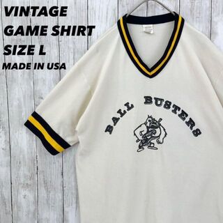 USA製ヴィンテージ リブラインバックプリントゲームシャツユニフォーム古着男女(ニット/セーター)