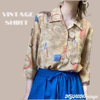 vintage 古着 レトロ シアー オープンカラー 柄シャツ ブラウス 7分袖(シャツ/ブラウス(半袖/袖なし))