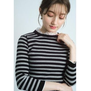 アプワイザーリッシェ(Apuweiser-riche)の※ひまわり様専用※新品♡アプ♡︎スタンドフリルリブニット/ブラックボーダーM(ニット/セーター)