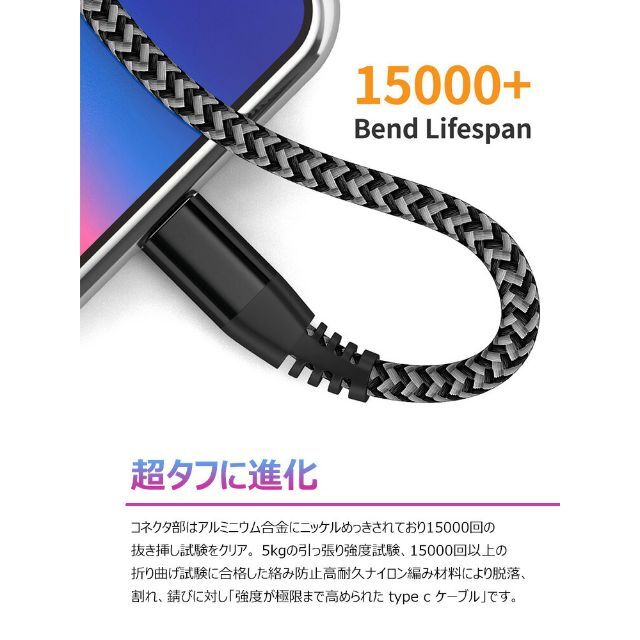 USB TypeC 充電ケーブル L字 2ｍ QC3.0 60W 3A ブラック スマホ/家電/カメラのPC/タブレット(PC周辺機器)の商品写真