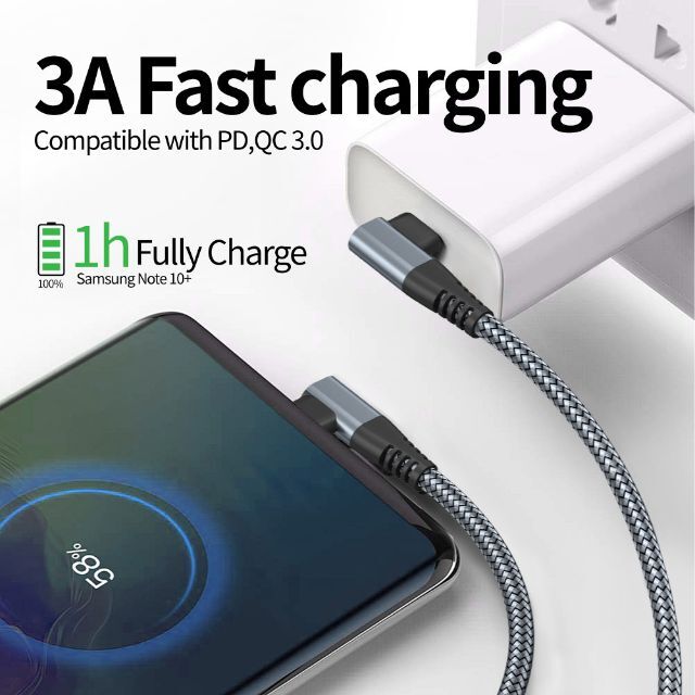 USB TypeC 充電ケーブル L字 1ｍ QC3.0 60W 3A ブラック スマホ/家電/カメラのPC/タブレット(PC周辺機器)の商品写真