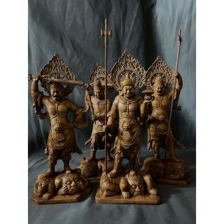 総柘植材 仏教工芸品 時代彫刻 一刀彫 極上彫 木彫仏像 四天王立像の