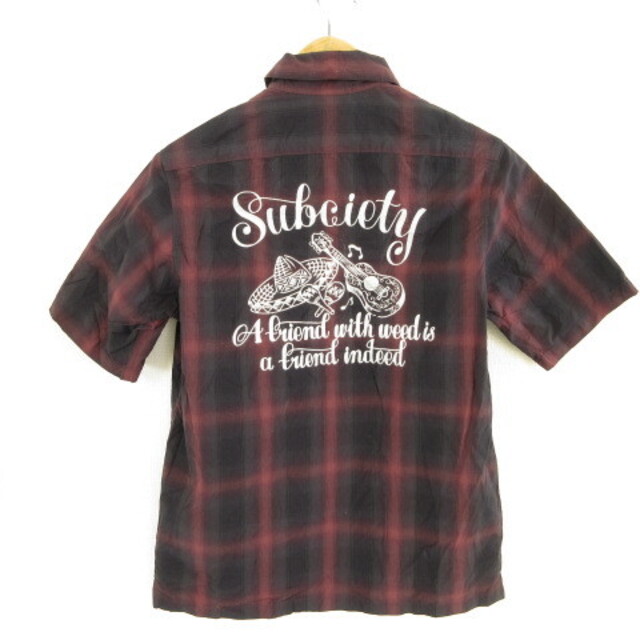 Subciety(サブサエティ)のサブサエティ SUBCIETY シャツ 半袖 刺繍 チェック 黒 赤茶 M  メンズのトップス(シャツ)の商品写真