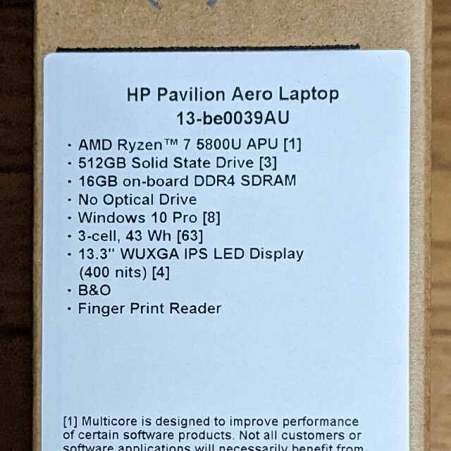 HP(ヒューレットパッカード)のHP Pavilion Aero 13 Ryzen 7 5800U 16/512 スマホ/家電/カメラのPC/タブレット(ノートPC)の商品写真