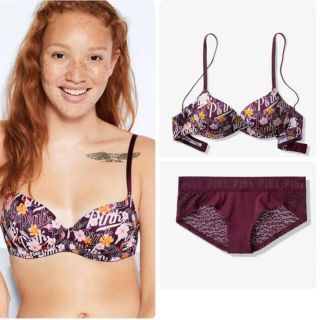 ヴィクトリアズシークレット(Victoria's Secret)の【新品】VS PINK ライト ブラショーツ プラム 32A•XS(ブラ&ショーツセット)