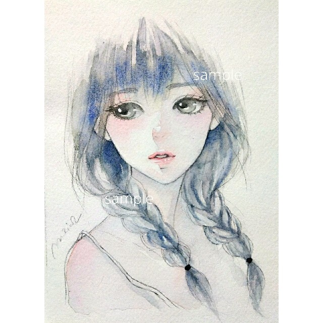 専用 手描きイラスト 絵画 原画 おさげな少女 水彩画 美人画 - 絵画