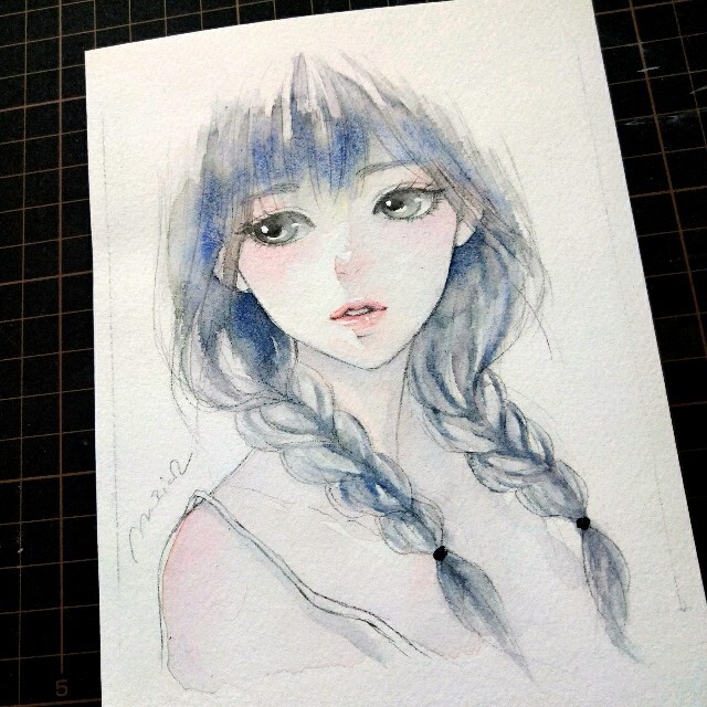 専用　手描きイラスト　絵画　原画　おさげな少女　水彩画　美人画