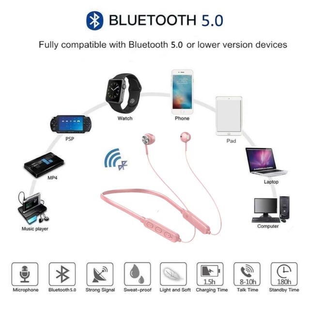 Bluetooth 5.0　イヤホン　ワイヤレスイヤホン  iPhone　ピンク スマホ/家電/カメラのオーディオ機器(ヘッドフォン/イヤフォン)の商品写真