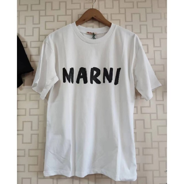 新作 MARNI ブルー ブラック ジャージー製ロゴプリントTシャツ smcint.com