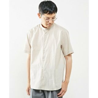 メンズメルローズ(MEN'S MELROSE)の【ベージュ】コットンリネンストライプスタンダードバンドカラーシャツ(その他)