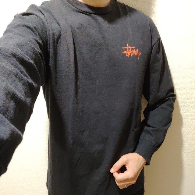 赤ロゴ朱色エンジSTUSSYシンプル長袖Tシャツ紺色ネイビーMサイズ希少ロンT☆