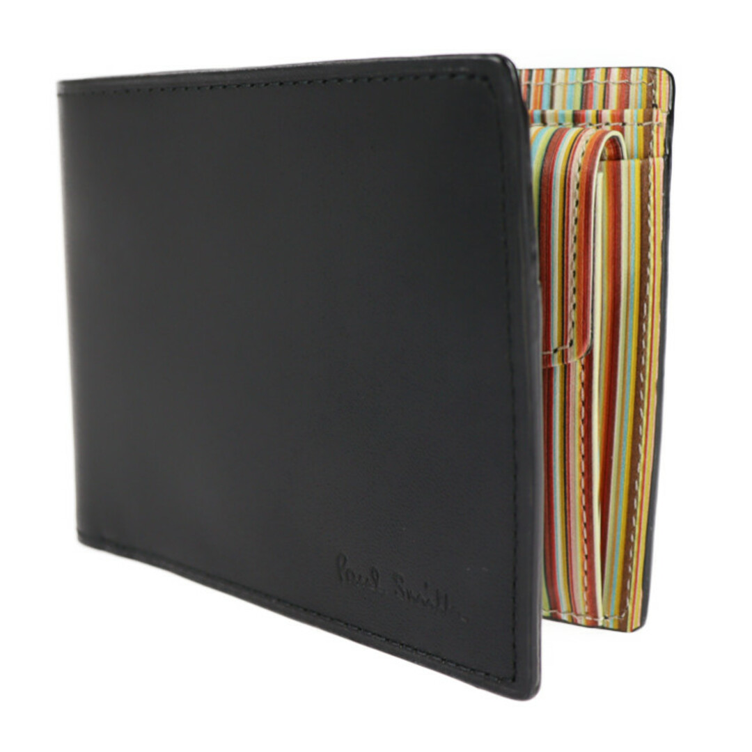 Paul Smith ポールスミス  INSIDE MULTI EMBOSS WALLET インサイドマルチ 二つ折り財布 P074   カーフレザー ブラック マルチカラー  マルチストライプ コンパクトウォレット 【本物保証】