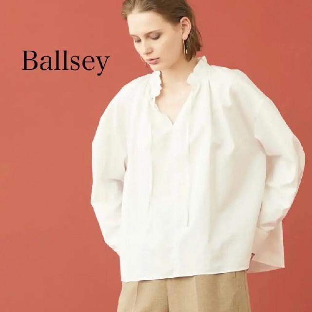 代引き手数料無料 - Ballsey Ballsey ホワイト ネックフリルブラウス ハイカウントサテン シャツ+ブラウス(長袖+七分)