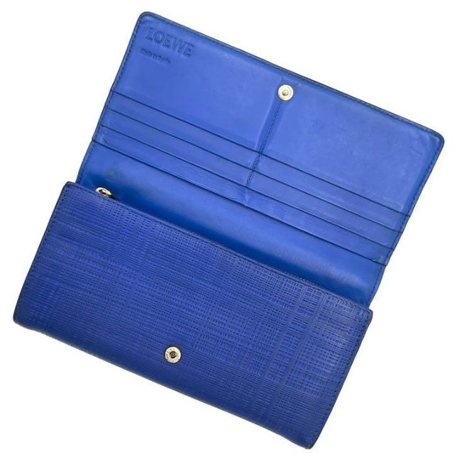 極美品✨ロエベ 折り財布 リネン アナグラム 型押し レザー ネイビー 紺色