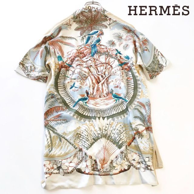 エルメス HERMES 半袖 カレ90 絹 スカーフ柄シャツ　Vネック 女性婦人