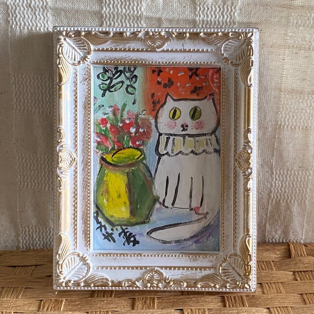 絵画 原画手描き 部屋の中のいい匂いの花とかわいい白い猫の女の子 Afu08l2dk1 Bonappetithaitianrestaurant Com