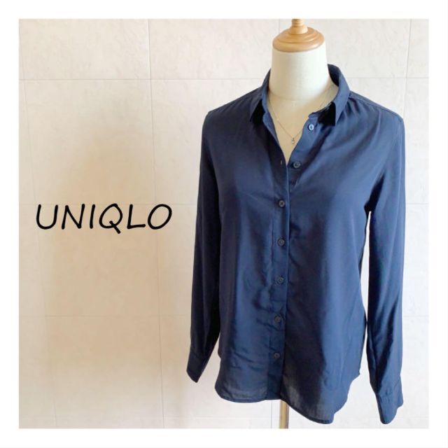 UNIQLO(ユニクロ)のユニクロ　ネイビー　シャツ　ブラウス　長袖 レディースのトップス(シャツ/ブラウス(半袖/袖なし))の商品写真