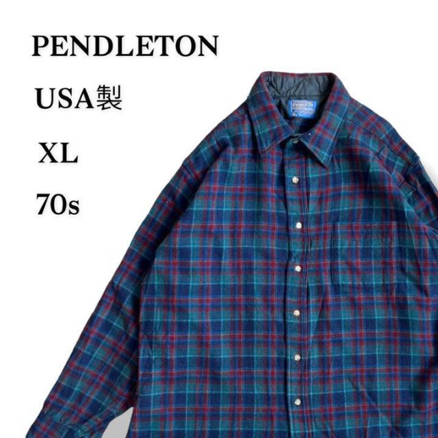 PENDLETON(ペンドルトン)の【希少】ペンドルトン　usa製　70s ウールシャツ　チェック柄　緑　長袖 メンズのトップス(シャツ)の商品写真