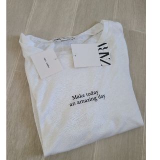 ザラ(ZARA)のZARA　レディースTシャツ　ZARAプリント　リネンTシャツ　Ｍサイズ(Tシャツ(半袖/袖なし))