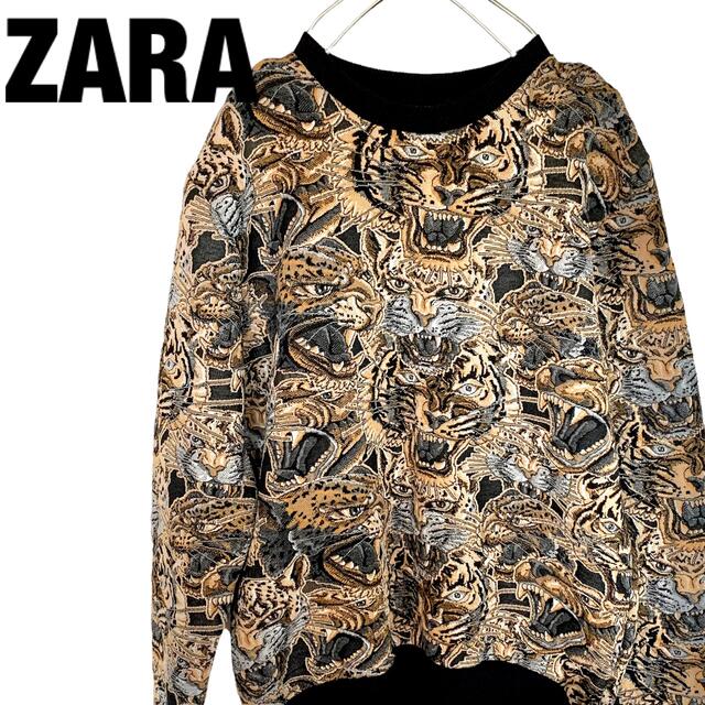 美品 ZARA トレーナー M イエロー ジャガード 立体 スカル アニマル 花