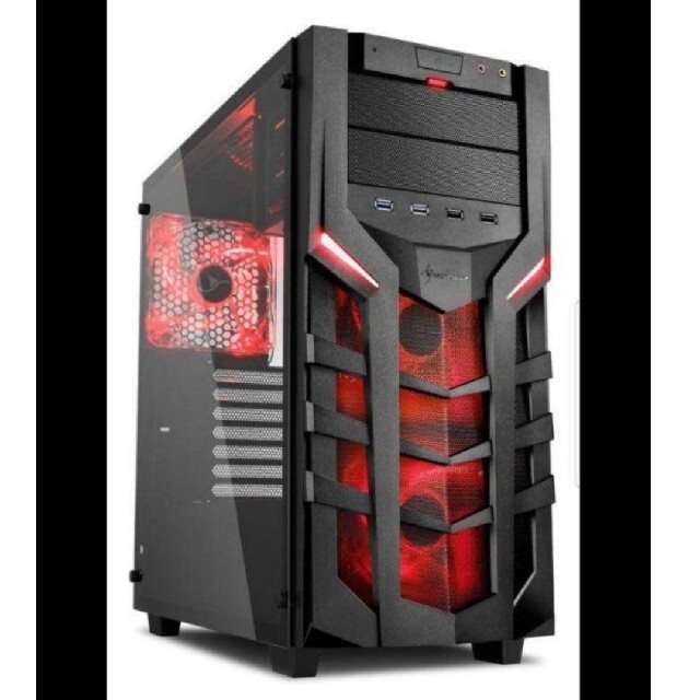 PC ATXケース 140mmファン(LED赤)3個付き おまけ120mm2個付 スマホ/家電/カメラのPC/タブレット(PCパーツ)の商品写真