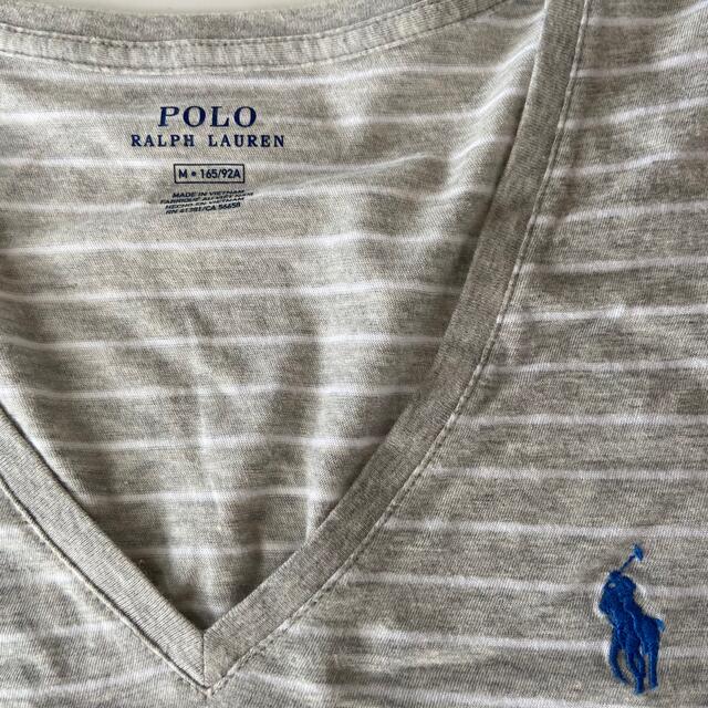 POLO RALPH LAUREN(ポロラルフローレン)の美品☆POLO Ralph Lauren ＶネックボーダーTシャツ灰×白×青　M レディースのトップス(Tシャツ(半袖/袖なし))の商品写真