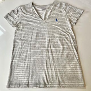 ポロラルフローレン(POLO RALPH LAUREN)の美品☆POLO Ralph Lauren ＶネックボーダーTシャツ灰×白×青　M(Tシャツ(半袖/袖なし))