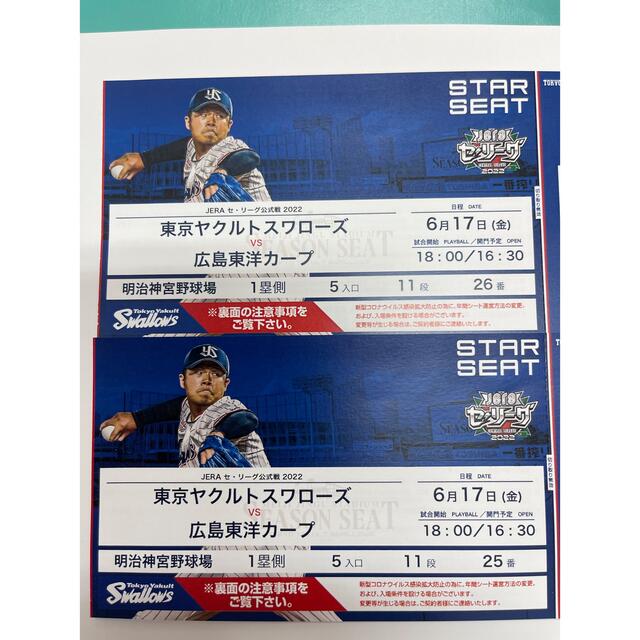 東京ヤクルトスワローズ(トウキョウヤクルトスワローズ)の田中様専用【一塁側】6月17日 ヤクルト 対 広島カープ チケットのスポーツ(野球)の商品写真
