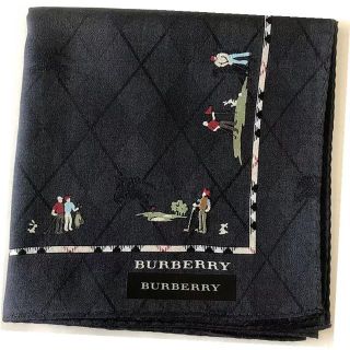 バーバリー(BURBERRY)のバーバリー大人気ゴルフ人物刺繍入り＆ホースマーク柄織りミニスカーフ大判ハンカチ黒(ハンカチ)