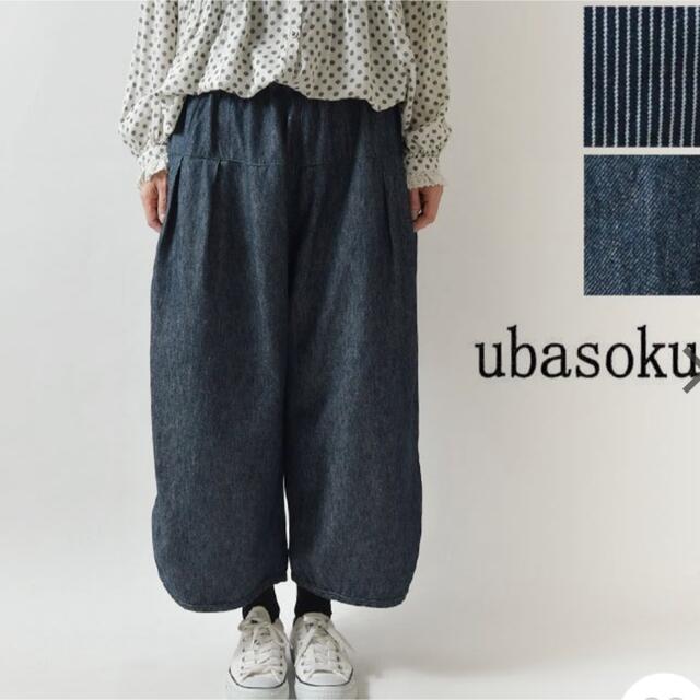 新品＊ubasoku＊コットンリネン切り替えタック裾スリットデニムパンツ レディースのパンツ(デニム/ジーンズ)の商品写真