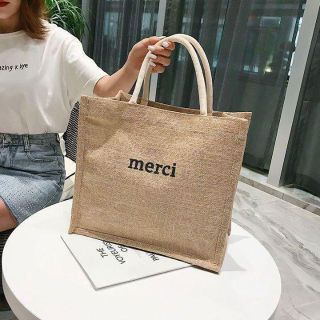 即日発送　リネン 麻　ジュート　 merci ロゴバッグ トートバッグ 韓国(トートバッグ)