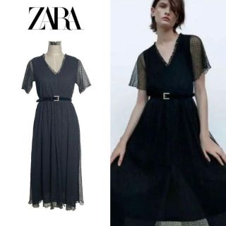 ザラ(ZARA)のZARA ザラ　シースルー　ドットワンピース　パールベルト付き　ドレス　Mサイズ(ロングワンピース/マキシワンピース)