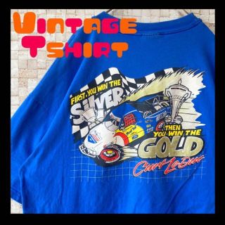 古着半袖tシャツレトロ青くすみブルーバンドTハーレー風レーシングプリント2XL(Tシャツ/カットソー(半袖/袖なし))