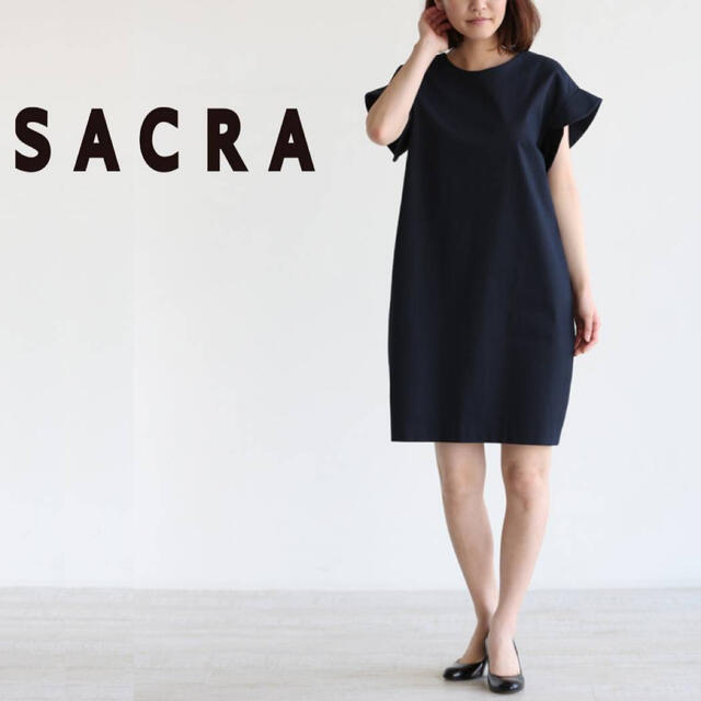 SACRA サクラ ワンピース ストレッチ ネイビー フレンチスリーブ コットン