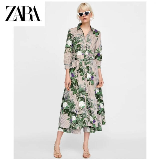 ZARA(ザラ)のZARA ザラ　ストライプ&フラワー柄シャツワンピース レディースのワンピース(ロングワンピース/マキシワンピース)の商品写真