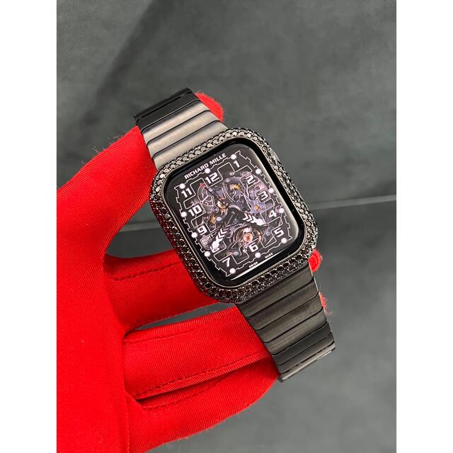 Apple Watch(アップルウォッチ)のアップルウォッチ用czブラックダイヤベゼルステンレスベルトセット メンズの時計(金属ベルト)の商品写真