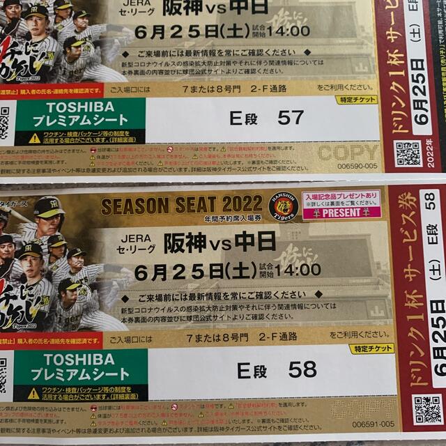 阪神vs中日6月25日14時〜トーシバプレミアムシートE段57.58チケット