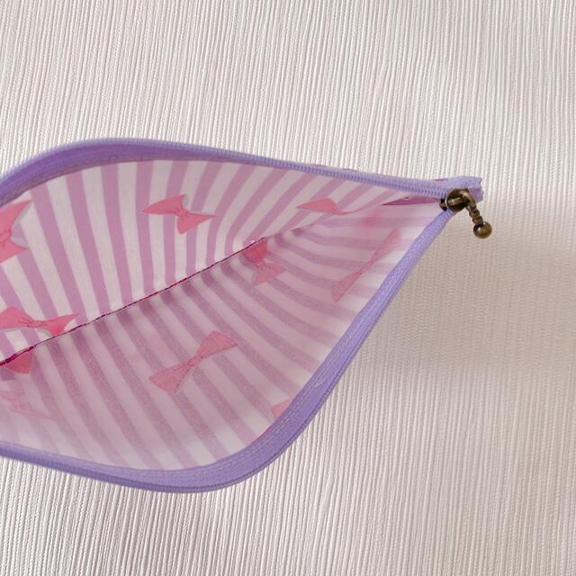 【SALE】大きめペンケース 女の子 リボン ストライプ 紫 ハンドメイドのキッズ/ベビー(外出用品)の商品写真